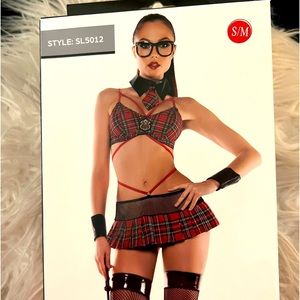 Role Play School Girl outfit includes bra, skirt, neckpiece, cuffs.
